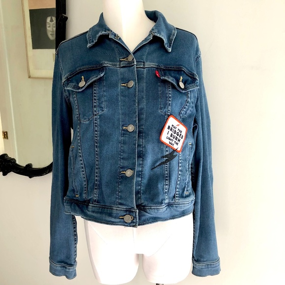 Levis Refurbished Cropped Denim Jacket w/ "may the bridges i burn light the way" - Picture 1 of 7